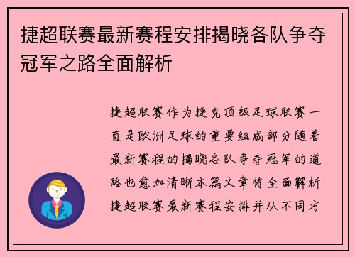 捷超联赛最新赛程安排揭晓各队争夺冠军之路全面解析