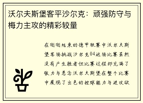 沃尔夫斯堡客平沙尔克：顽强防守与梅力主攻的精彩较量